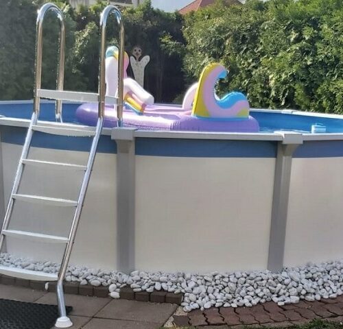 Poolprofi, Stahlwand Schwimmbecken Sun Remo freistehend mit Kies umrandet; Cranpool, Schwimmbecken, Badepool,