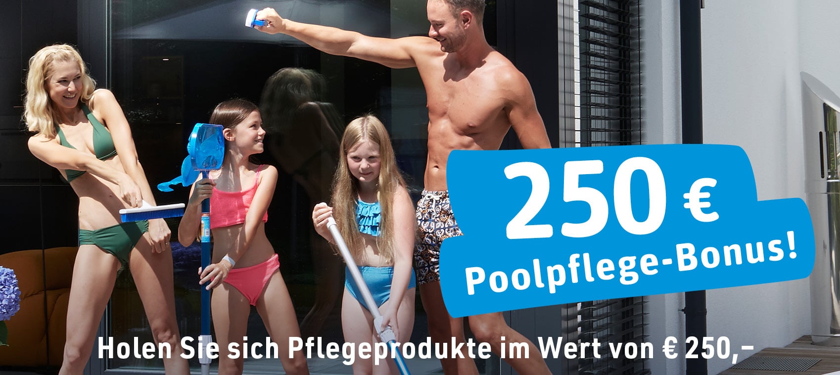 Cranpool Poolpflege-Bonus, Poolpflege, Familie in Badebekleidung; Badespaß, Poolreingung, Poolpflegeprodukte, Schwimmbecken Frühjahrsaktion