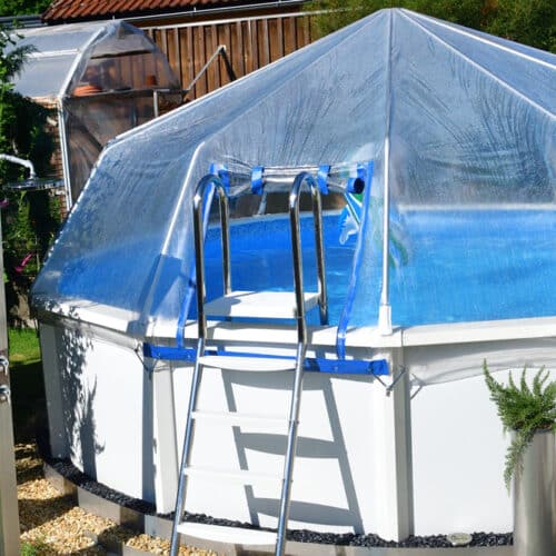 Grand Royal Schwimmbecken, mit Sonnendom Überdachung, Einstieg in den Sonnendom Leiter zur Kindersicherung entfernt, Stahlwandpool, Aufstellbecken, Cranpool,, Traum vom Gartenpool erfüllt