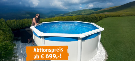 Rundpool Capri freistehend mit Dame im Garten mit Ausblick