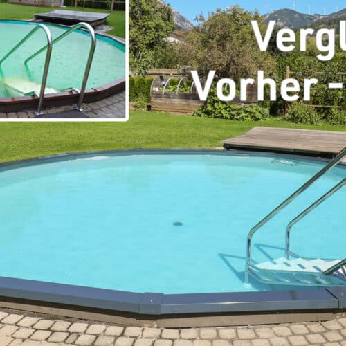 Rundes Pool mit Einstieg mit Pflasterung und Bild vor Sanierung