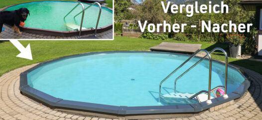 Rundes Pool mit Einstieg mit Pflasterung und Bild vor Sanierung