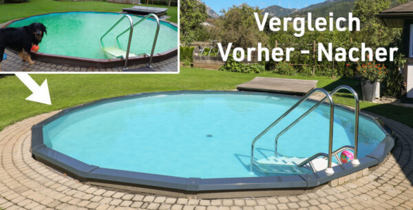 Rundes Pool mit Einstieg mit Pflasterung und Bild vor Sanierung