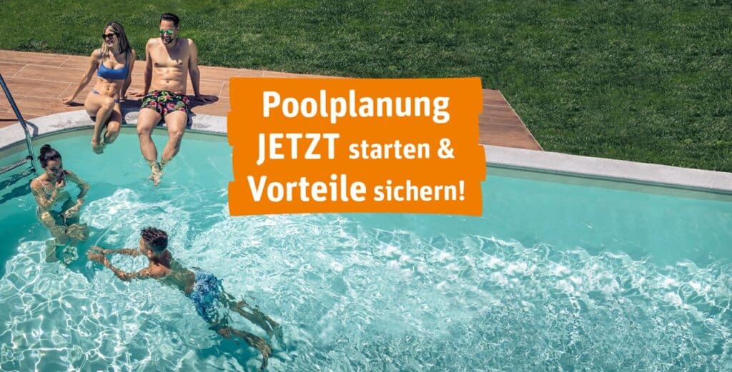 Schwimmbad mit Badenden am Beckenrand und Text oolplanung Jetzt starten & Vorteile sichern