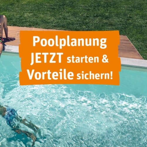 Schwimmbad mit Badenden am Beckenrand und Text oolplanung Jetzt starten & Vorteile sichern