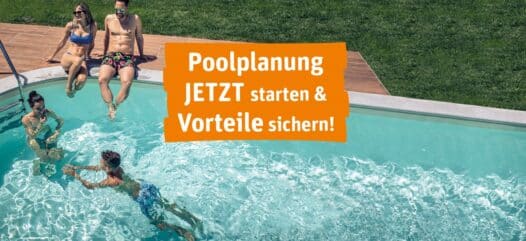 Schwimmbad mit Badenden am Beckenrand und Text oolplanung Jetzt starten & Vorteile sichern