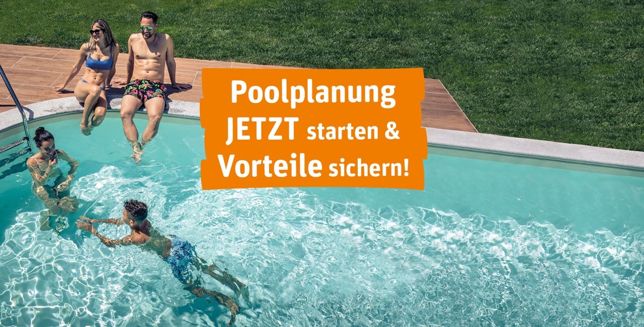 Schwimmbad mit Badenden am Beckenrand und Text oolplanung Jetzt starten & Vorteile sichern