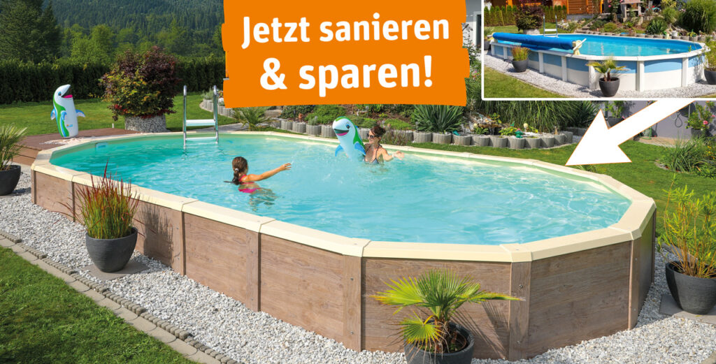 Ovales Pool mit Holzverkleidung nach Sanierung - Herbstaktion 2025
