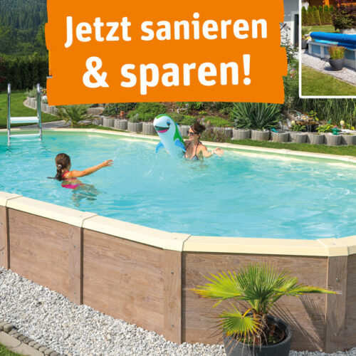 Ovales Pool mit Holzverkleidung nach Sanierung - Herbstaktion 2025
