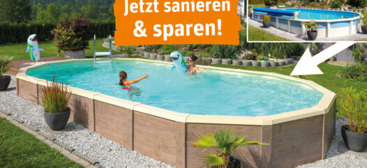 Ovales Pool mit Holzverkleidung nach Sanierung - Herbstaktion 2025