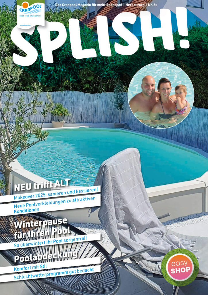 Cover der Herbstausgabe SPLISH! 2025 mit ovalem Pool mit Holzverkleidung