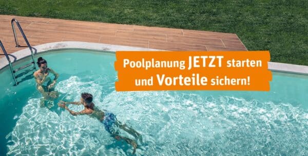Pool mit zwei Schwimmer und Text Poolplanung jetzt starten und Vorteile sichern