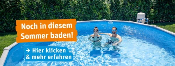 Ovales Pool mit Badenden und Text: noch in diesem Sommer baden