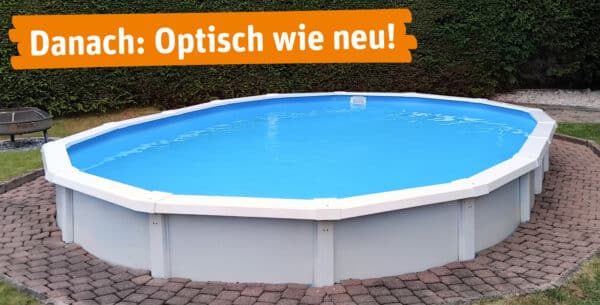 Fertig sanierter ovaler Pool nach der Modernisierung durch Cranpool